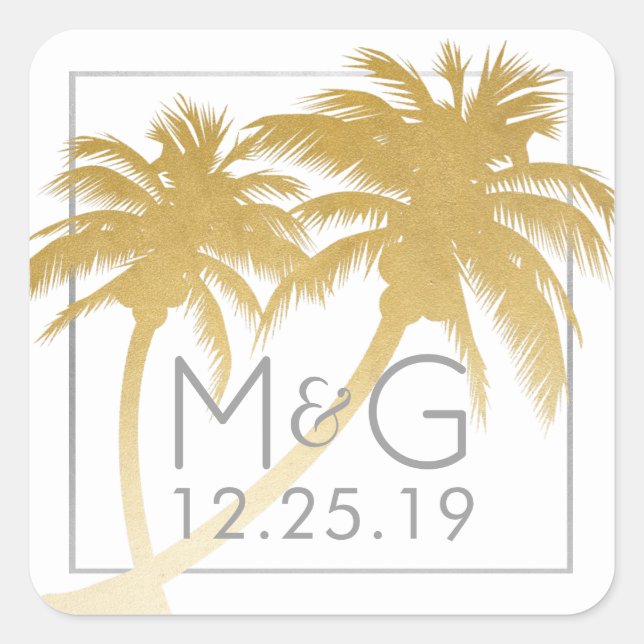 Gold Palm Tree Beach Wedding Sticker (Front)