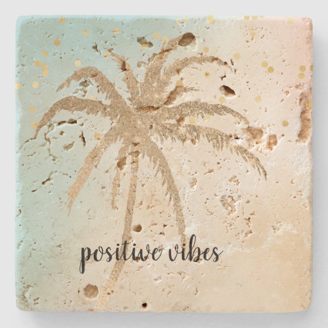 Gold Palm Tree Confetti Aqua Pink Cream Tie dye   Stone Coaster (Front)