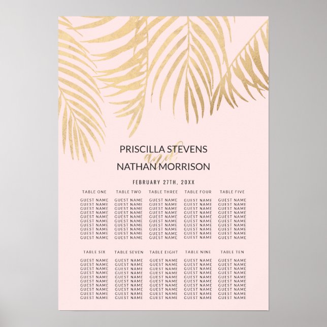 Gold Palm Tree Fronds Pale Pink Seating Chart (Front)
