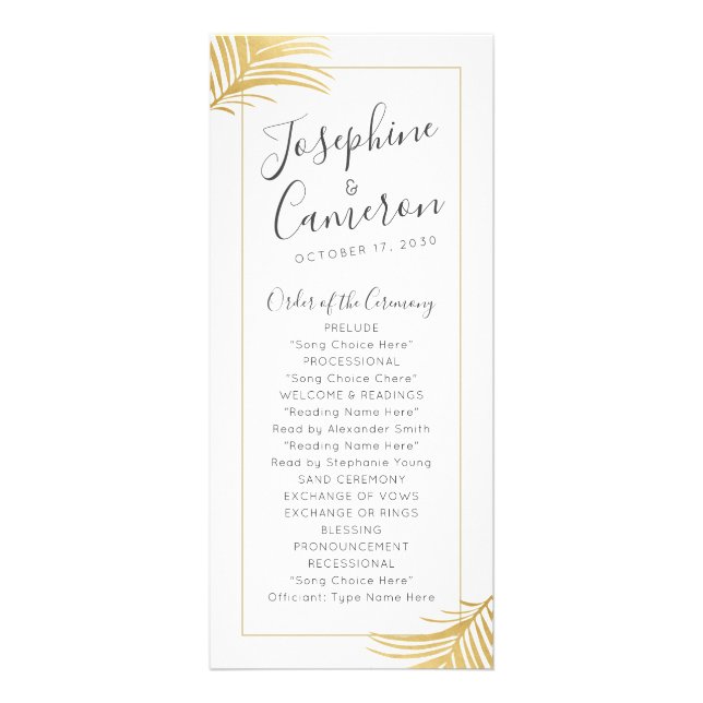 Gold Palm Tree Leaves Tropical Wedding Program Rack Card (Front)