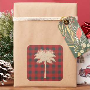 Gold Palm Tree on Red Buffalo Plaid Square Sticker