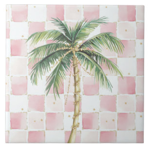 Gold Palm Tree Pink Squares Tile