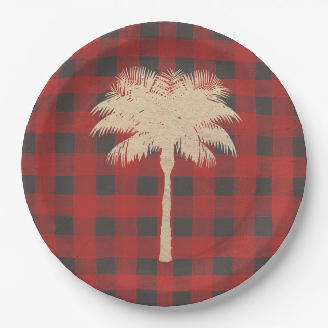 Gold Palm Tree Red Buffalo Plaid Christmas Paper Plate (Front)