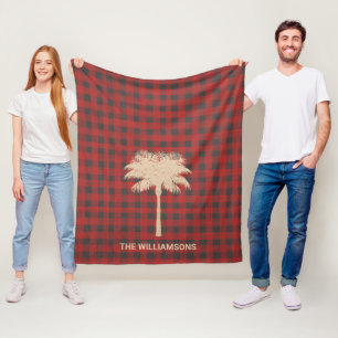 Gold Palm Tree Red Buffalo Plaid Fleece Blanket