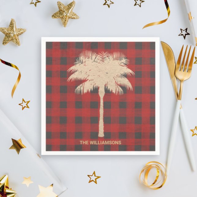 Gold Palm Tree Red Buffalo Plaid Napkin (Creator Uploaded)