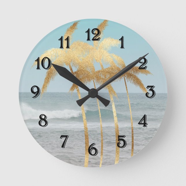Gold Palm Trees Hawaii Ocean Round Clock (Front)