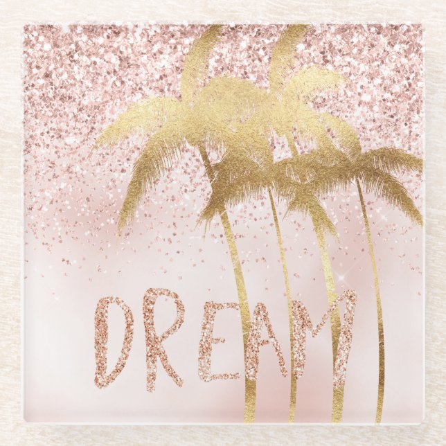 Gold Palm Trees Pink Ombre Glitter Dream           Glass Coaster (Front)