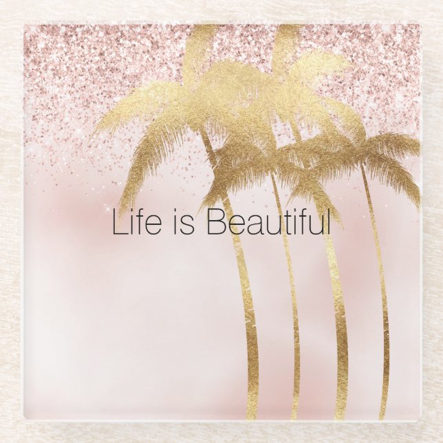 Gold Palm Trees Pink Ombre Glitter  Glass Coaster (Front)