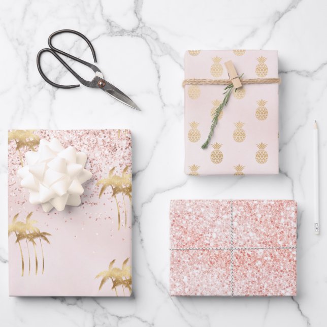 Gold Palm Trees Pink Ombre Glitter     Wrapping Paper Sheet (Front)