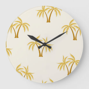 Gold Palm Trees: Tropical Textile. Large Clock