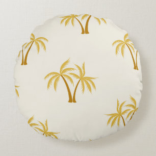 Gold Palm Trees: Tropical Textile. Round Cushion