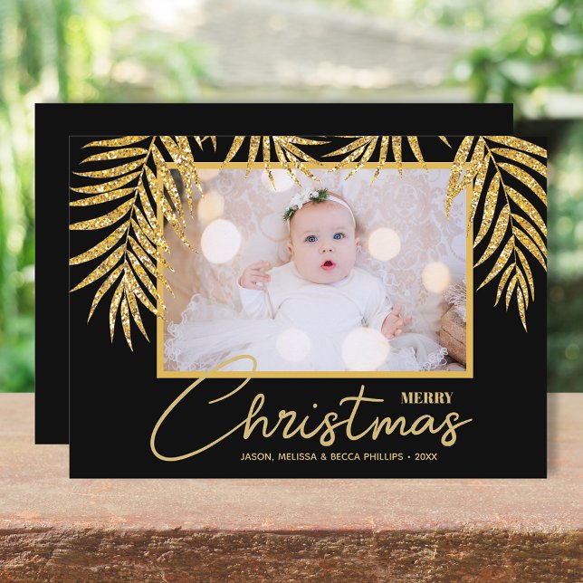 Gold Palms Black Tropical Christmas Photo Holiday Card (Creator Uploaded)