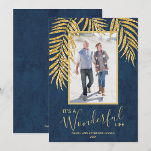 Gold Palms on Blue Christmas Photo Holiday Card