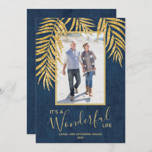 Gold Palms on Blue Christmas Photo Holiday Card