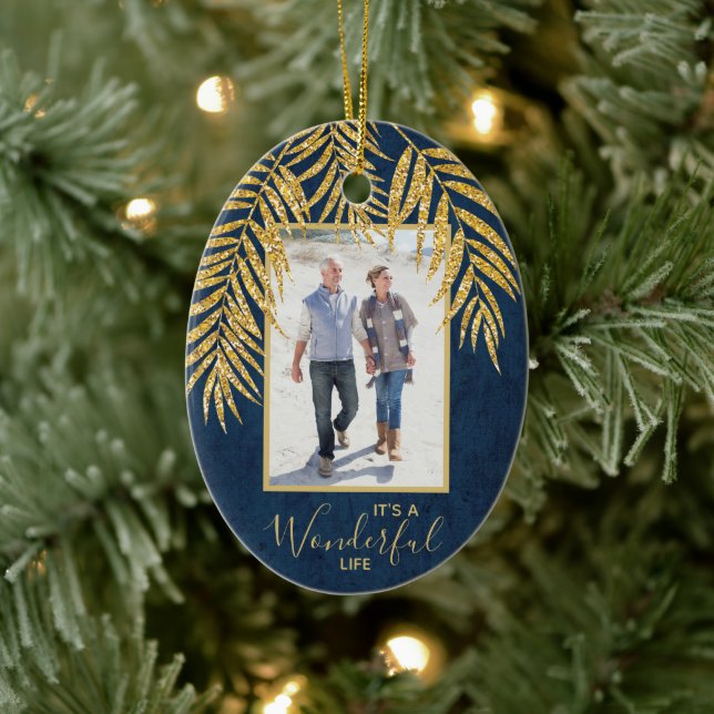 Gold Palms on Denim Holiday Christmas Photo Oval Ceramic Tree Decoration (Tree)