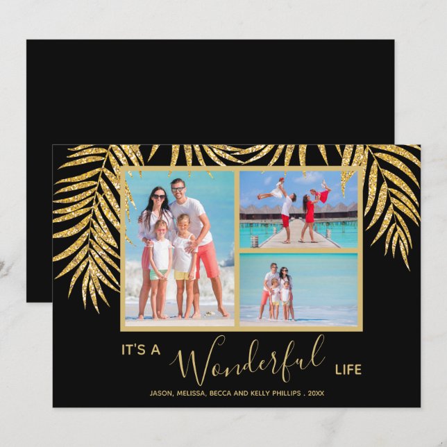 Gold Palms Photo Collage Christmas Holiday Card (Front/Back)