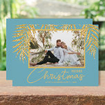 Gold Palms Topical Christmas Photo Holiday Card<br><div class="desc">Glamorous faux gold glitter palm fronds on a turquoise background highlight your favorite photo on these holiday Christmas photo cards. Merry Christmas and your names on the bottom in chic lettering. High Definition for best quality. MORE COLORS and multi-photo style done for you in our collection.</div>