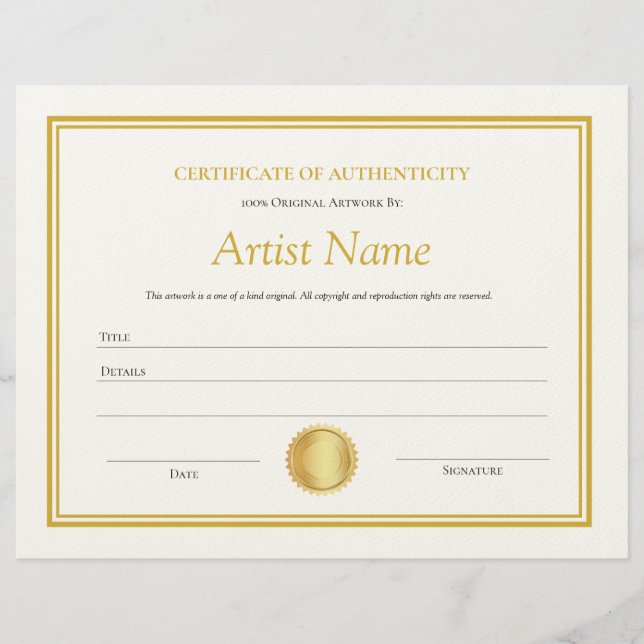 Gold Paper Certificate of Authenticity Template  Custom Letterhead (Front)