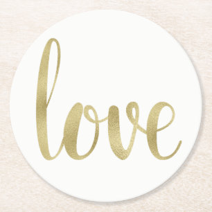 Gold paper coasters, love, foil font round paper coaster