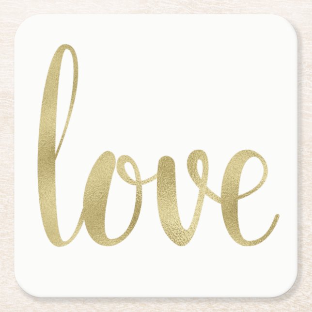 Gold paper coasters, love, foil font square paper coaster (Front)