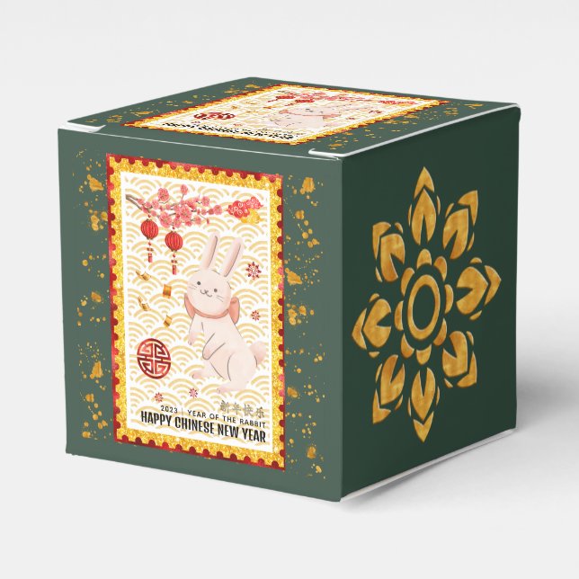 Gold Papercut 2023 Rabbit Chinese New Year Green Favour Box (Front Side)