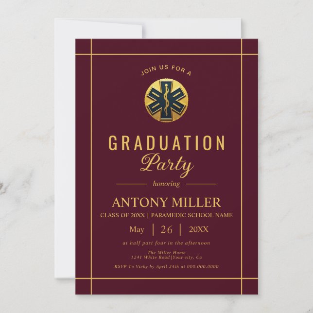 Gold paramedic Class Of 2026 burgundy graduation Invitation (Front)