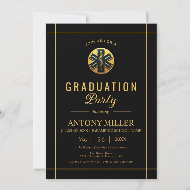 Gold paramedic EMT Class Of 2025 black graduation Invitation (Front)