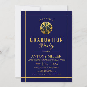 Gold paramedic EMT Class Of 2025 blue graduation Invitation