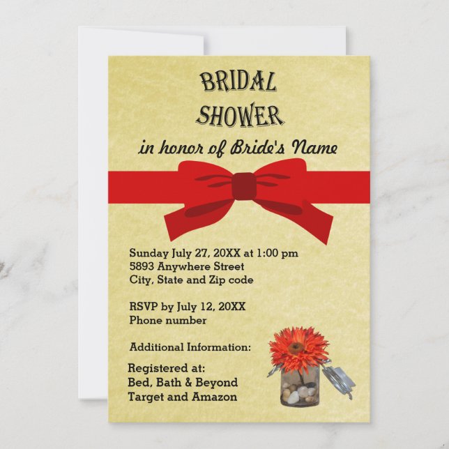 Gold Parchment Orange Flower in Jar Bridal Shower Invitation (Front)