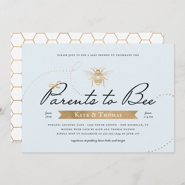 Gold Parents to Bee Baby Shower Blue Invitation (Front/Back)