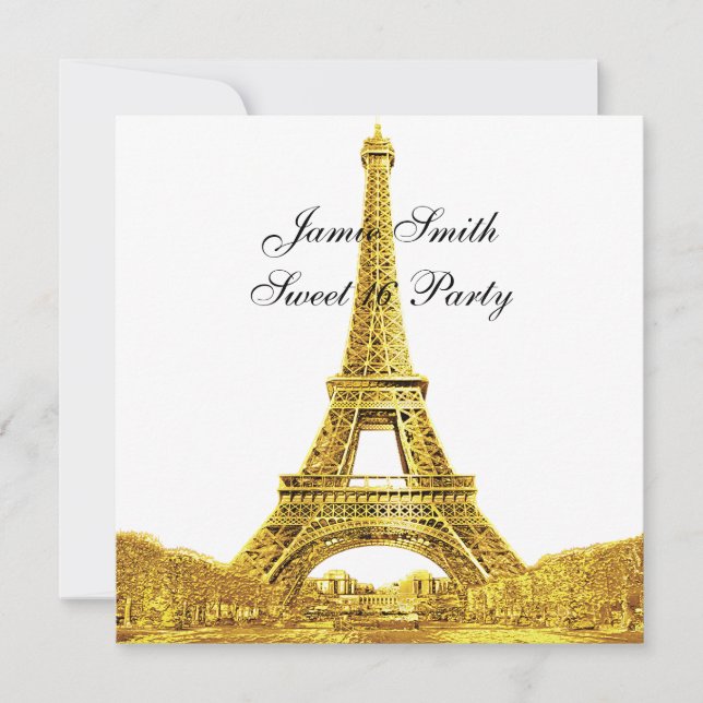 Gold Paris France Skyline #2 Sweet 16 SQ Invitation (Front)