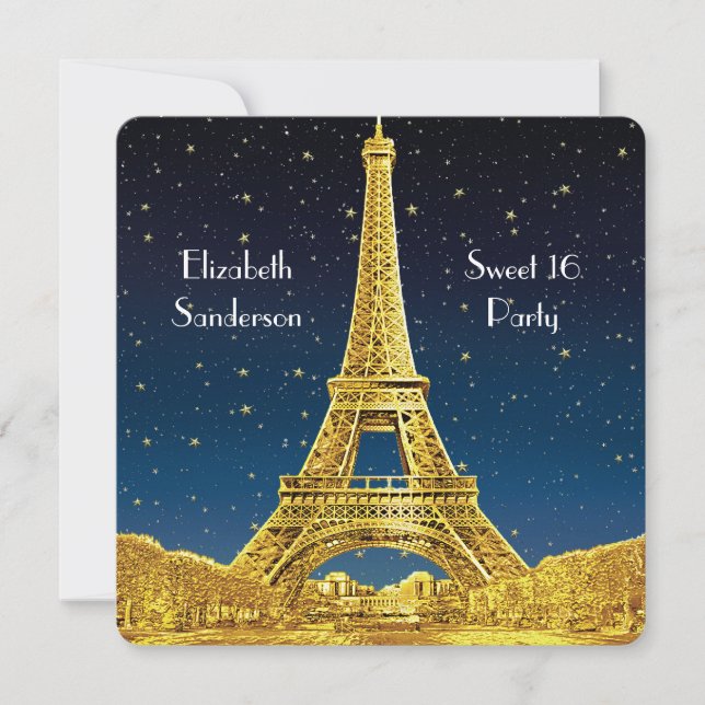 Gold Paris Skyline #2 Blue Starry Sweet 16 SQ Invitation (Front)