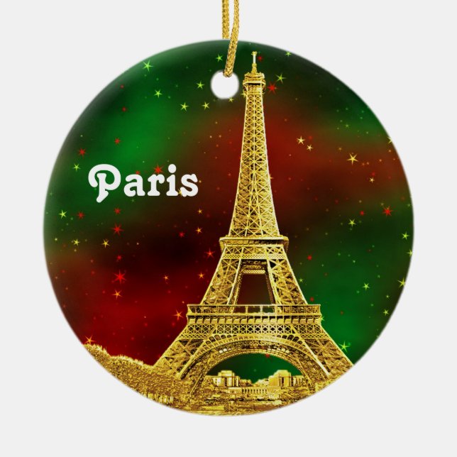 Gold Paris Skyline #2 Christmas Starry Ceramic Tree Decoration (Front)