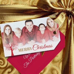 Gold partridge red winter tree Christmas photo Gift Tags