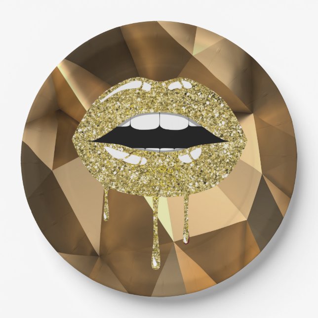 Gold Party Luxury Glam Glitter Drip Dripping Lips Paper Plate (Front)