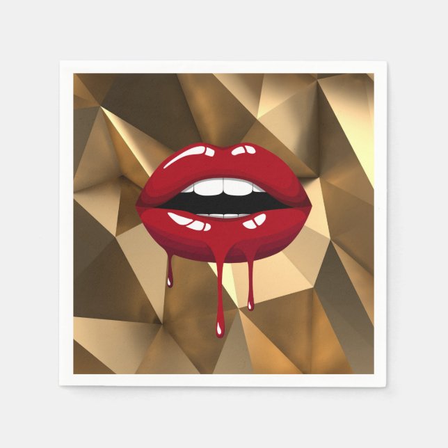 Gold Party Luxury Glam Red Drip Dripping Lips Napkin (Front)
