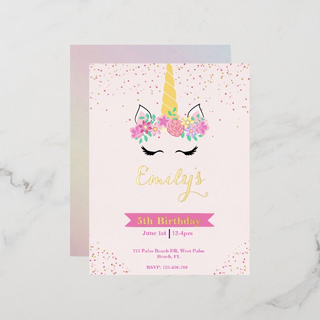 Gold Pastel Modern Unicorn Birthday Invitation (Front/Back)