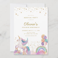 Gold Pastel Rainbow Unicorn Birthday Invitation