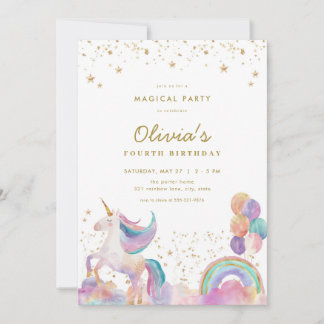 Gold Pastel Rainbow Unicorn Birthday Invitation