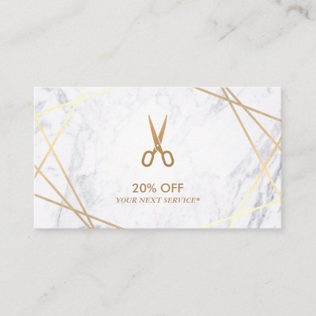 Gold Pattern Scissors Marble HairStylist Discount Business Card (Front)