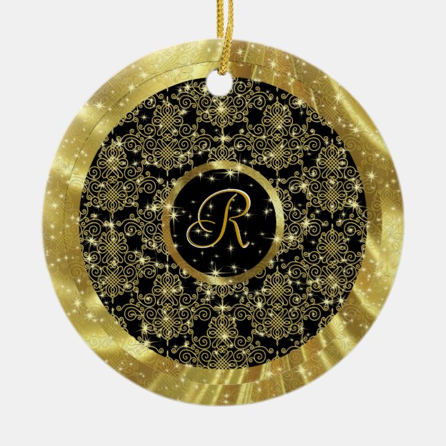 Gold Pattern & Sparkles-Custom Initial Ceramic Tree Decoration (Front)