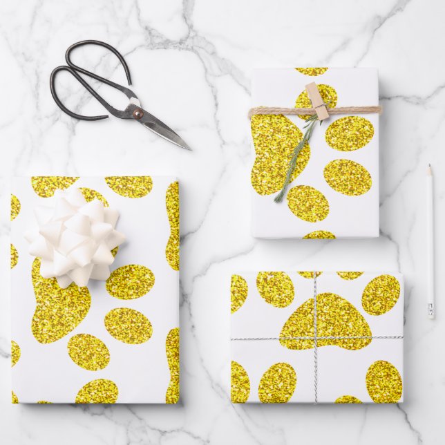 Gold Paw Print Patterns Golden White Cute Glittery Wrapping Paper Sheet (Front)