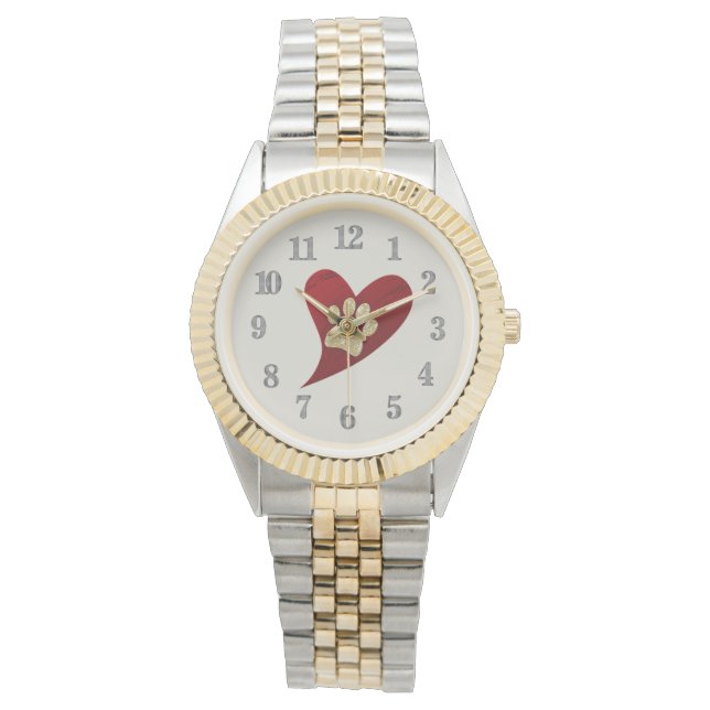 Gold Paw Print Red Heart Dog Cat Lover Pet Watch (Front)