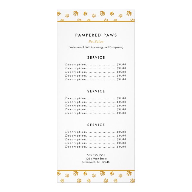 Gold Paw Prints Professional Pet Salon Services Rack Card (Front)