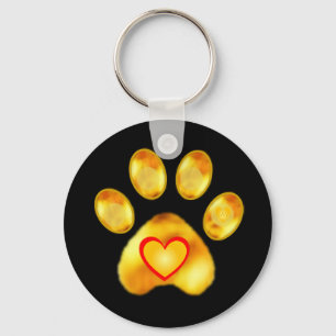 Gold Paw with Heart on Black Key Ring