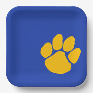 Gold Pawprint on Royal Blue Paper Party Plates
