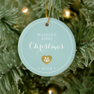 Gold Pawprints Cat's First Christmas Photo Ceramic Tree Decoration