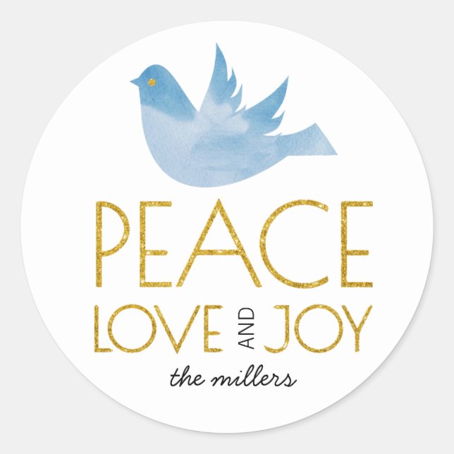 Gold Peace, Love, Joy blue dove Christmas Classic Round Sticker (Front)