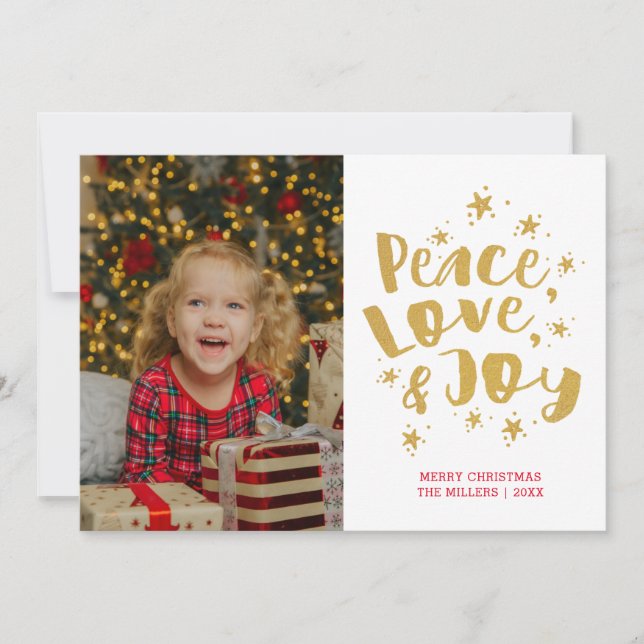 Gold Peace Love & Joy Holiday Photo Christmas Card (Front)