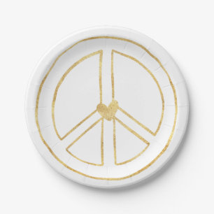 Gold Peace Sign Heart Paper Plate